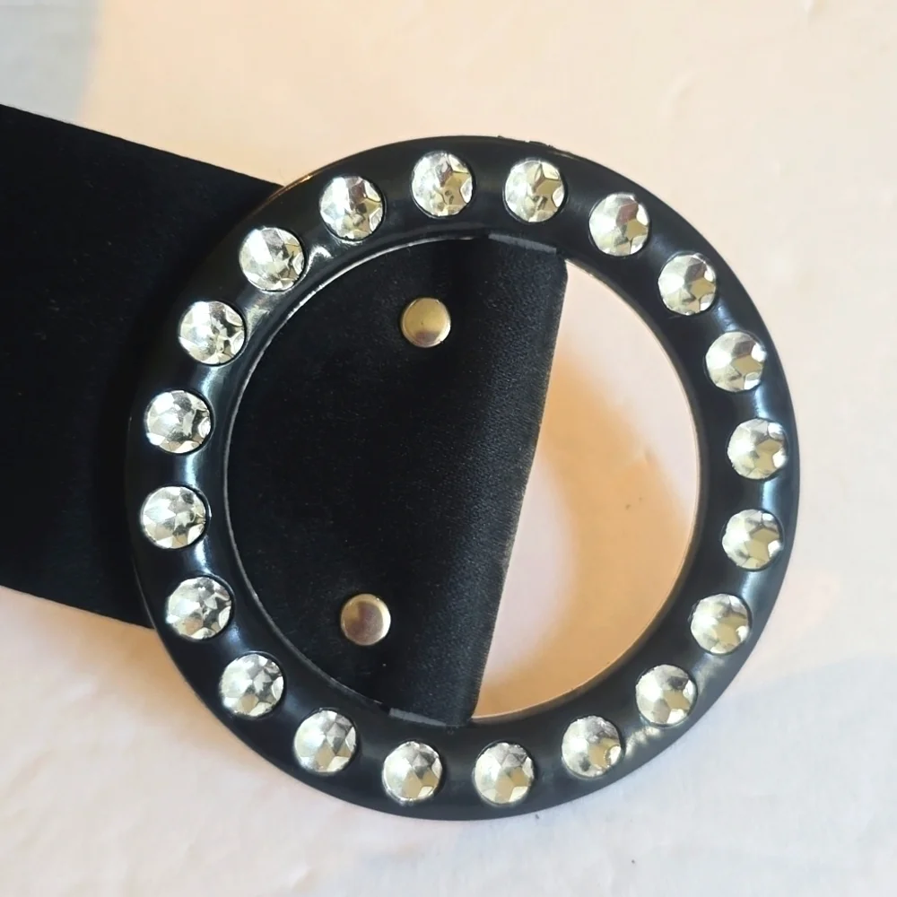 Vintage Womens Black Satin WIDE Rhinestone Bling Belt Sz.Small/MEDIUM